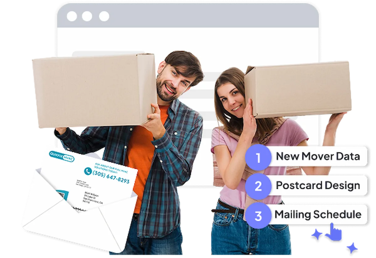 The image showcases a concept of automating new mover marketing with personalized direct mail. On the right, a smiling couple holds cardboard boxes, symbolizing moving into a new home. Behind them is a stylized browser window graphic, implying online automation. Below, a white envelope reveals a partially visible postcard with a business address and contact details. To the side, a numbered step list highlights "New Mover Data," "Postcard Design," and "Mailing Schedule," visually explaining the process.