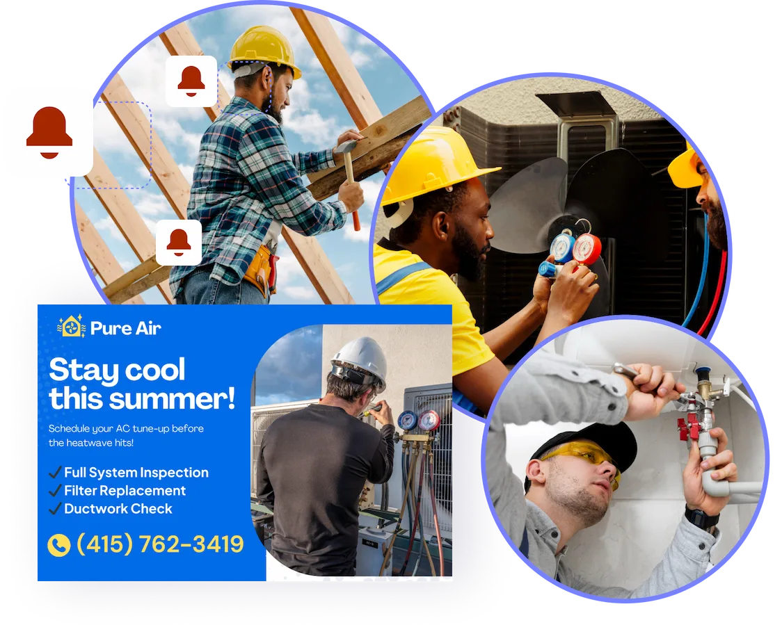 The image represents marketing for home services. On the right side, a collage of circular images shows workers performing various tasks such as HVAC maintenance, plumbing, and construction, emphasizing essential services. Below the collage is a blue postcard mockup with the branding "Pure Air," featuring text that reads "Stay cool this summer!" and lists services like "Full System Inspection" and "Filter Replacement," accompanied by a phone number.