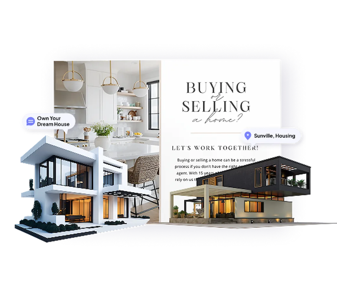 The image focuses on real estate marketing. On the left, two modern houses are displayed, one with a sleek architectural style. Above them are circular photos of individuals, each connected to the properties with dotted lines and labeled with tags like "Newly Listed" or "25% OFF."