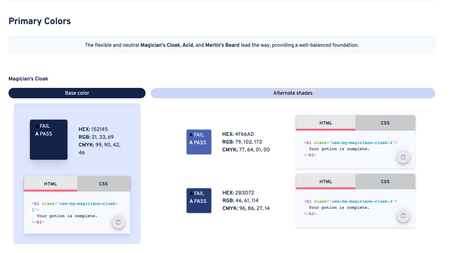 The original UI shows color swatches, HEX codes, RGB and CMYK values, and code snippets for HTML and CSS.