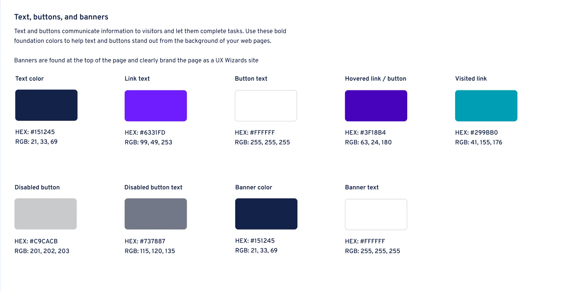 A section for text, buttons, and banners contains 9 color swatches for 3 different categories.