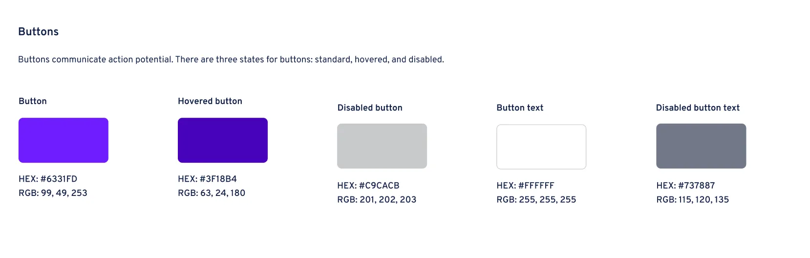 A section on Buttons shows color swatches for buttons, hovered buttons, disables buttons, and more.