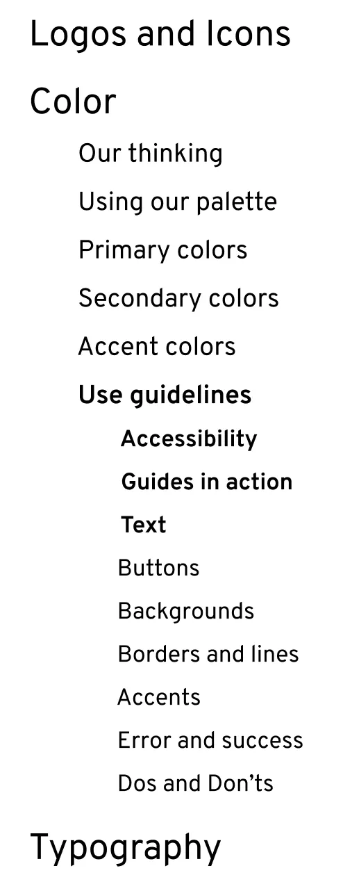 A navigation bar shows colors, use guidelines, and a third level for text, buttons, and more.