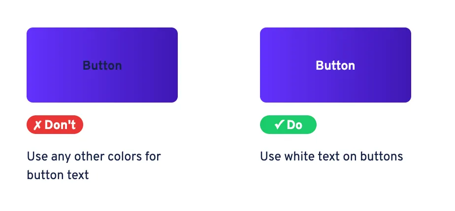 Do and don't guidelines are shown as a bad example of text color with a red chip that says Don't, and a good example with a green chip that says Do.