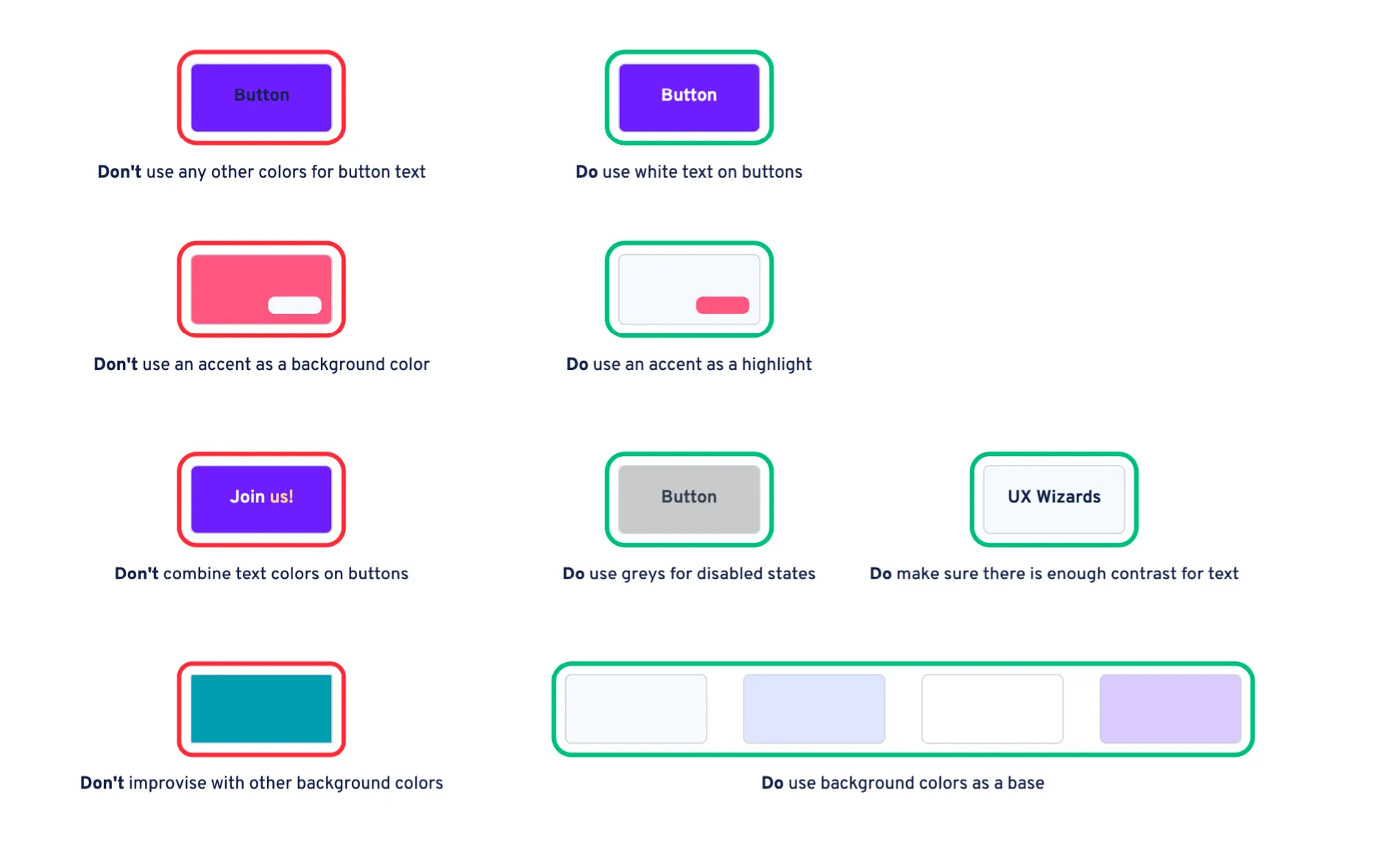 In this version, the do/don't guidelines feature color swatches that are outlined in red or green.