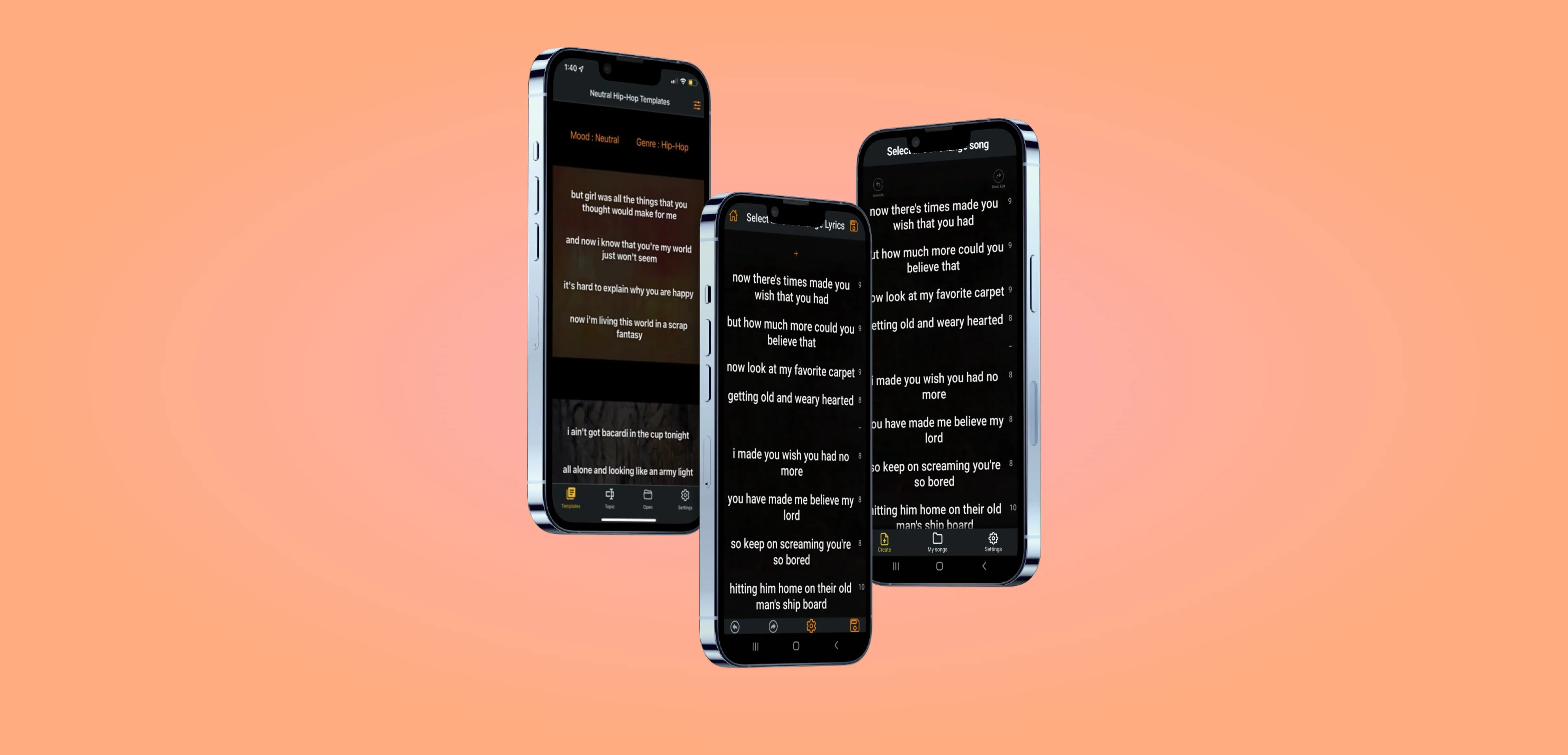 Three phones show screen mockups of MyLyricsMaker screens. The first two have four nav bar items at the bottom of the screen, but they're different. The third has only three items.