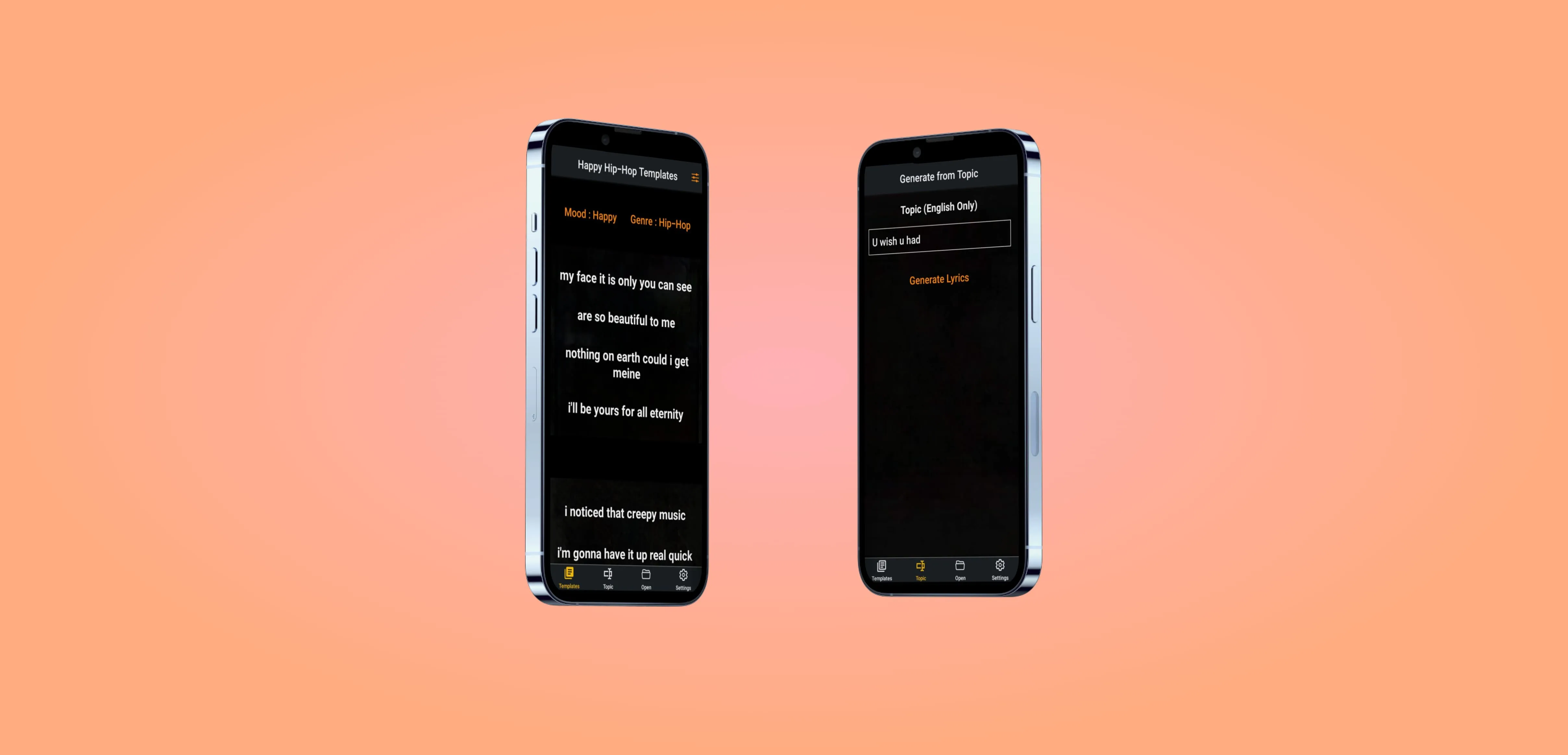 Two phone screens show the Templates and Topic tabs, respectively.