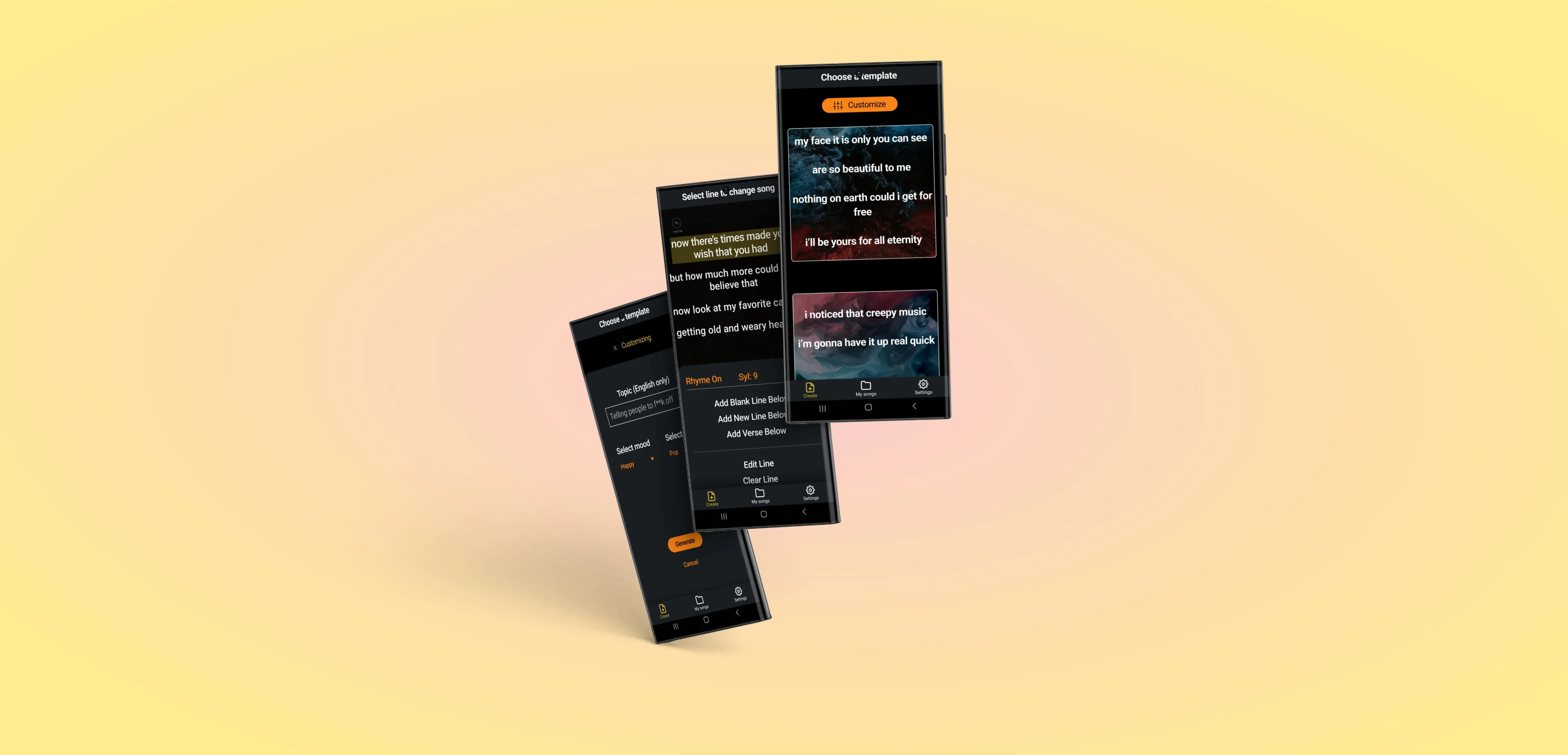 Three phones are fanned out, and show three MyLyricsMaker screens that illustrate the visual design changes being made. The cards are visible, the segmented contextual menu is there, and an editing screen that shows all the colors that have meanings at some place in its interface.