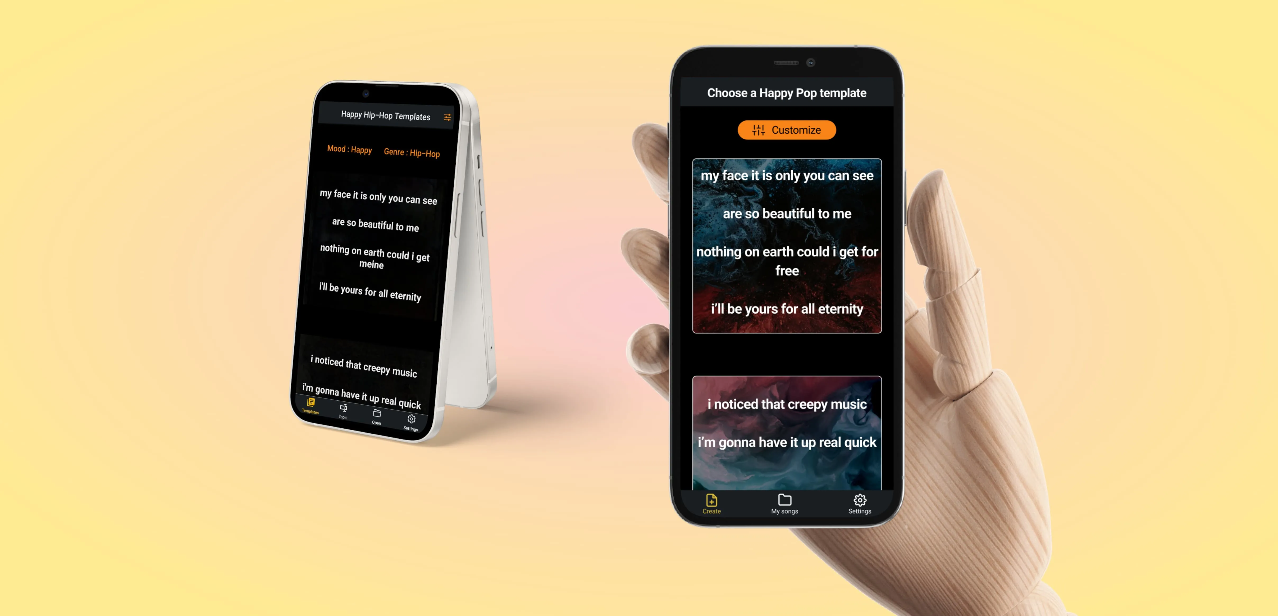 The old app screen stands in the background. In the foreground, a 3D mockup of a wooden hand holds a phone with the new design. This time, the two different templates are clearly separated. They are on distinct cards with interesting abstract art backgrounds and are outlined with a subtle but noticeable border.