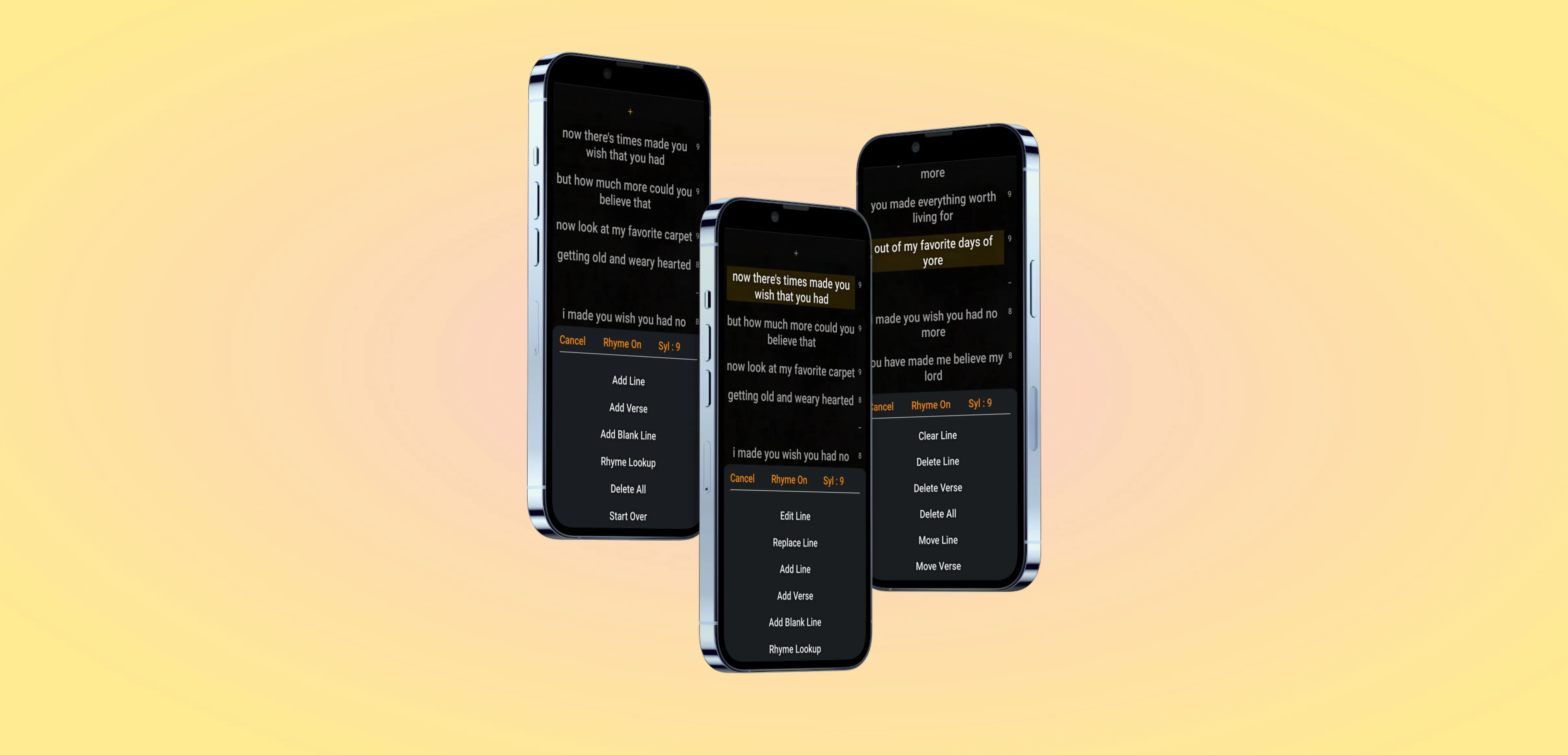 Three phone screens show different parts of the lyrics editing process. Each screen shows six menu items in its open drawer.