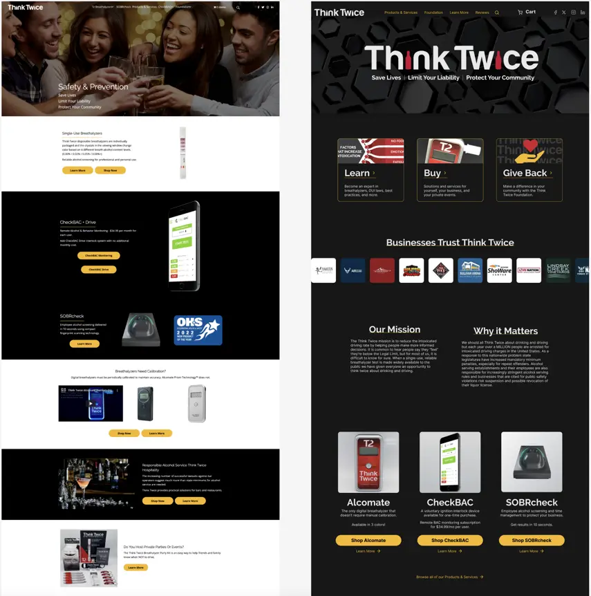 A side-by-side comparison shows the legacy and redesigned landing page for Think Twice. On the left, the legacy site alternates black and white sections. On the right, the redesigned page shows a cohesive dark background consistent with Think Twice's brand image.