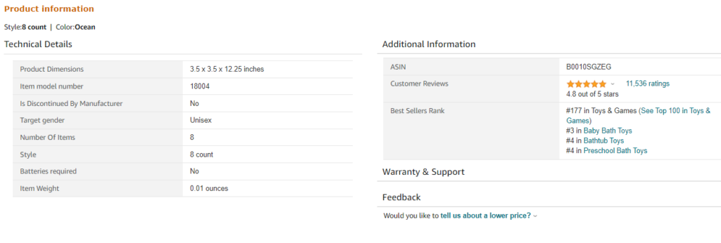 amazon product information example