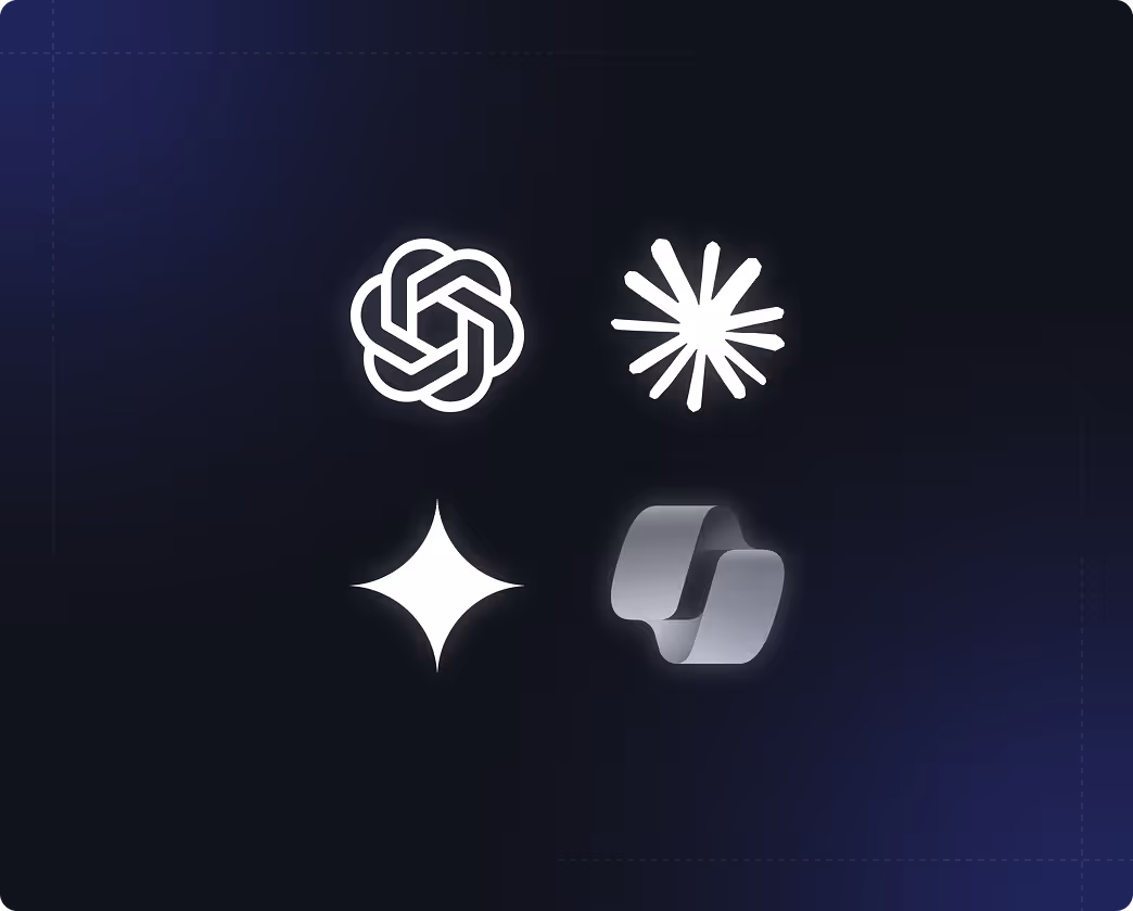 Four abstract icons on a dark background: intertwined geometric shape, radiating lines starburst, four-point star, and two overlapping curved rectangles.