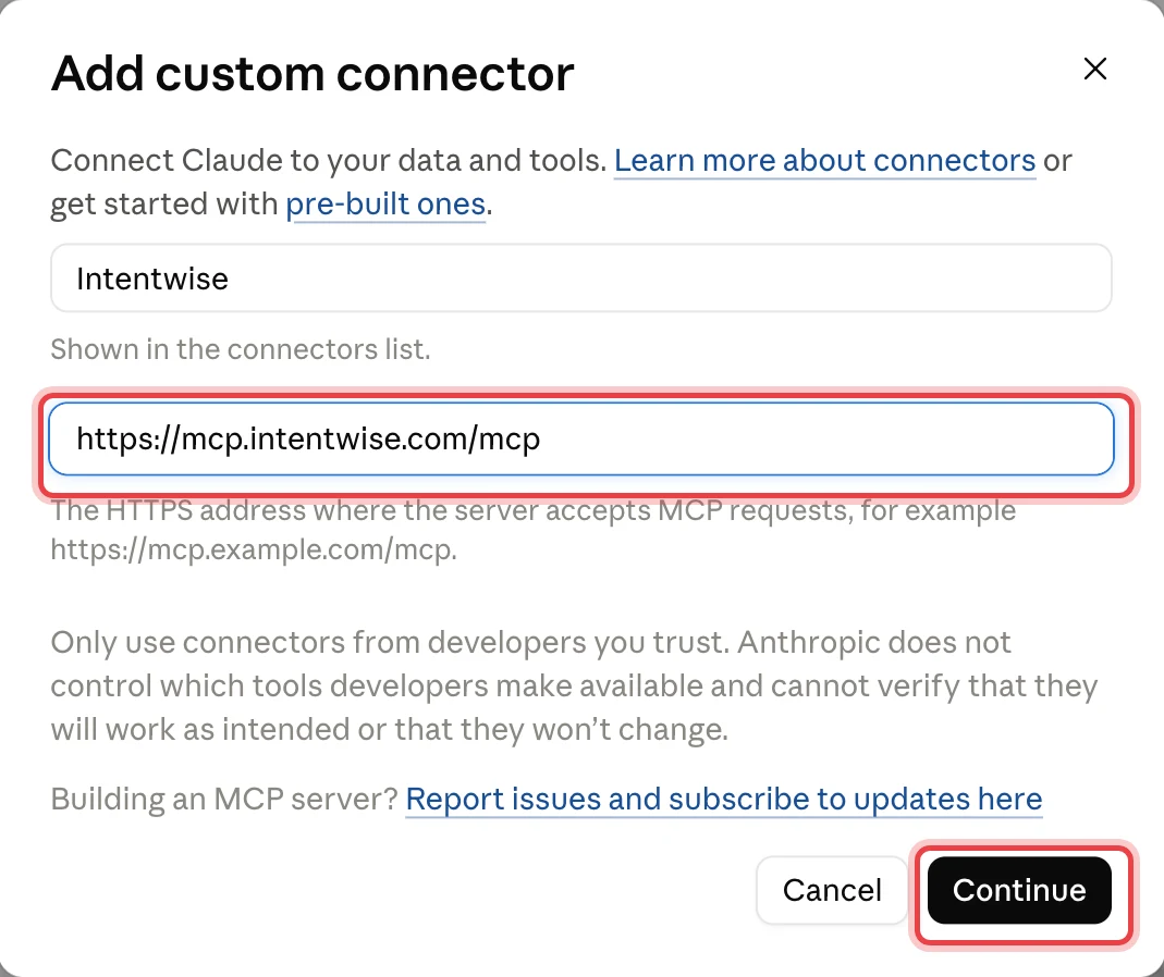 Add custom connector dialog with the server URL field and Continue button highlighted