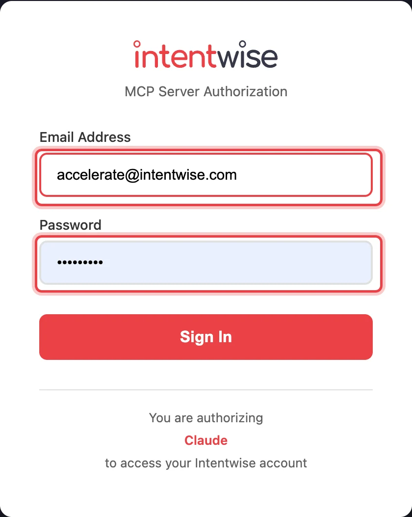 Intentwise sign-in window with the email and password fields highlighted