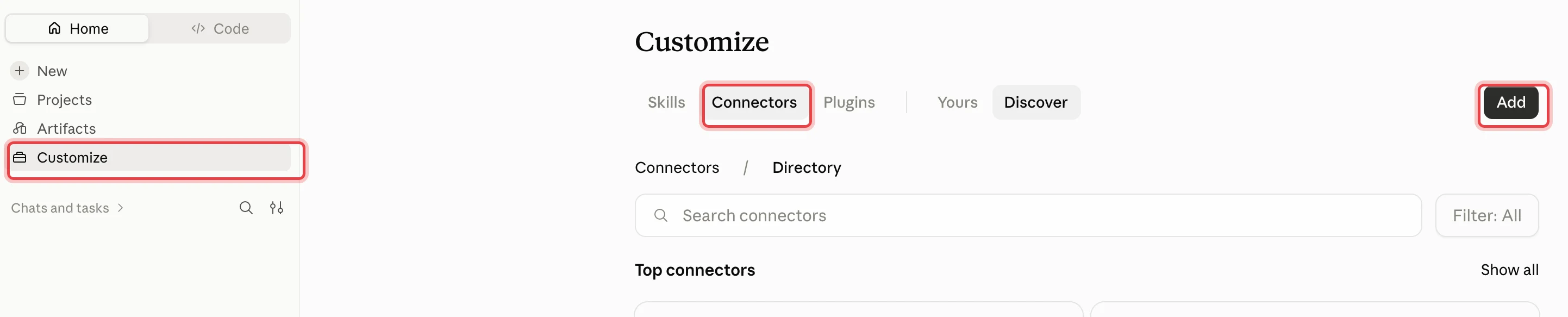 Claude sidebar with Customize highlighted, plus the Connectors tab and the Add button