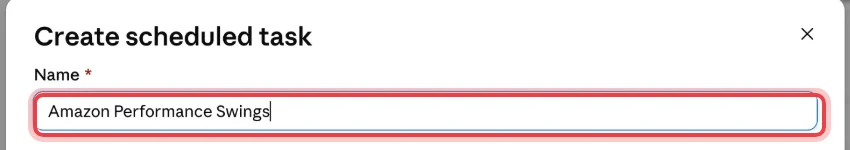 Create scheduled task dialog with the Name field filled in
