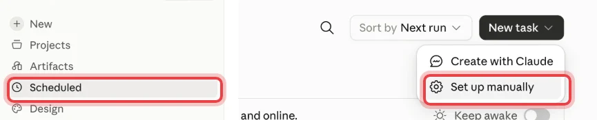 Scheduled in the Claude sidebar and the New task menu with Set up manually highlighted