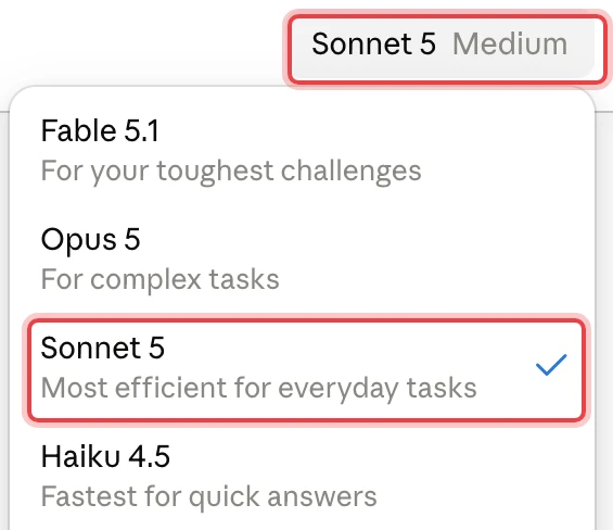 Claude model menu with Sonnet 5 selected and the model button showing Sonnet 5