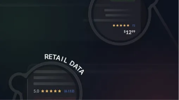 Partial view of a dark-themed infographic showing magnified circular sections with star ratings and numeric values, featuring the text 'RETAIL DATA' curving above one section.