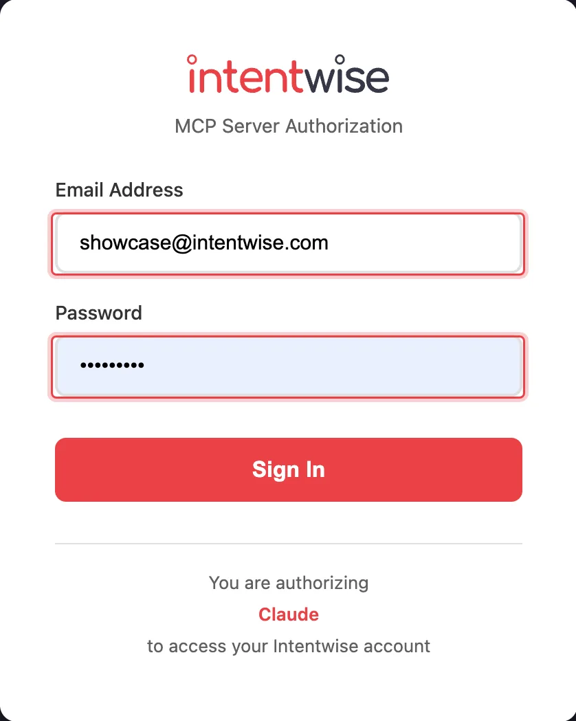 Intentwise sign-in window with the email and password fields highlighted