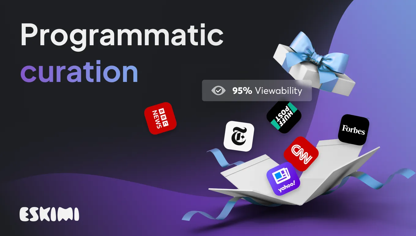 "Programmatic curation" illustration with a gift box opening to release news logos like BBC, New York Times, and CNN, highlighting 95% viewability.