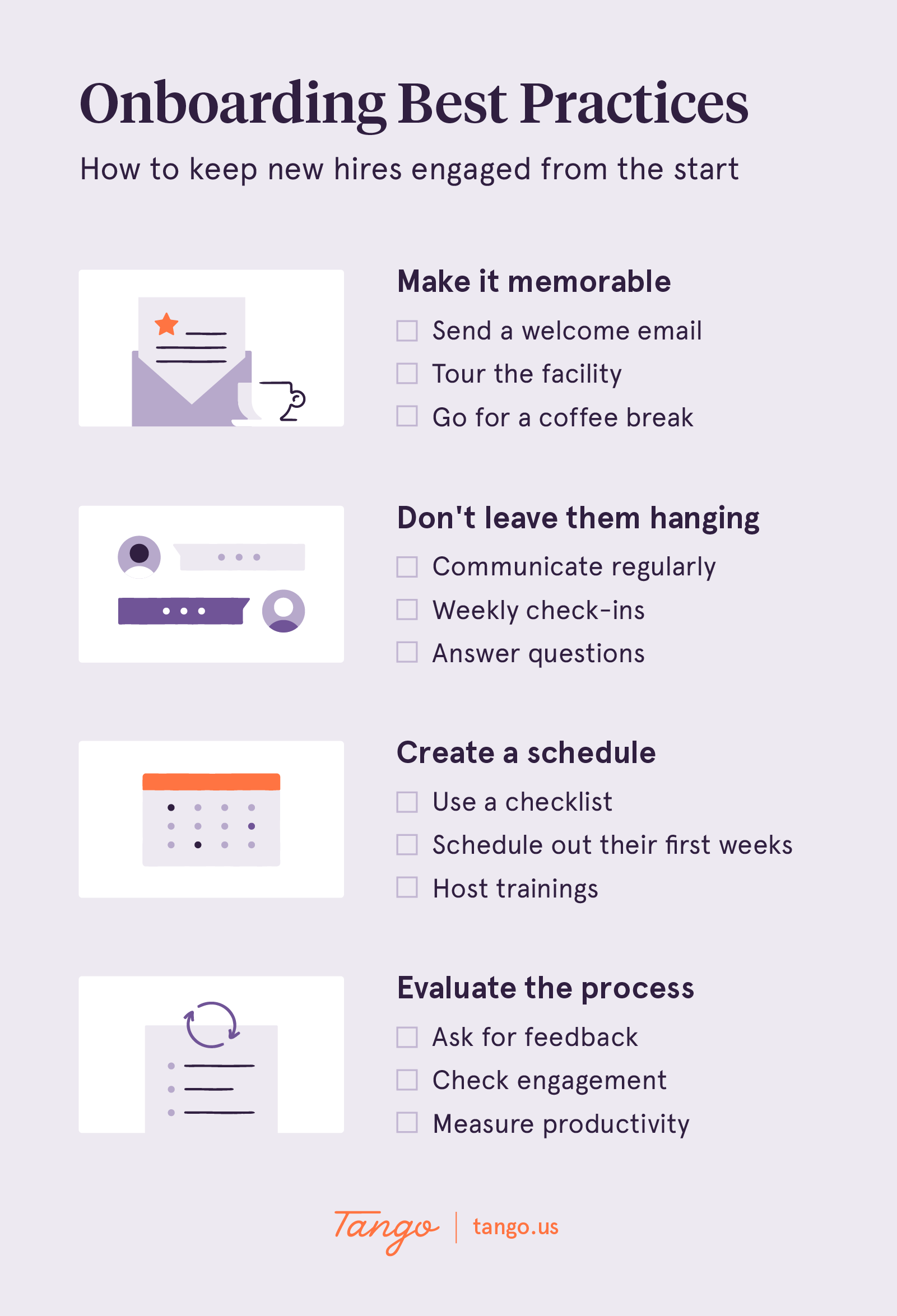 A graphic explains some onboarding best practices with checklists.