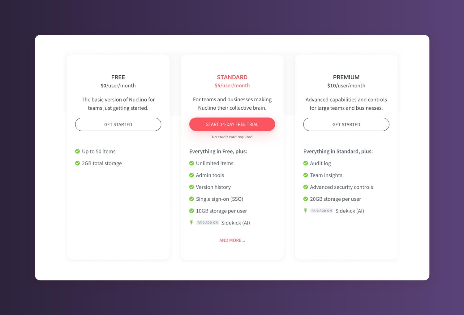 A screenshot of Nuclino pricing.