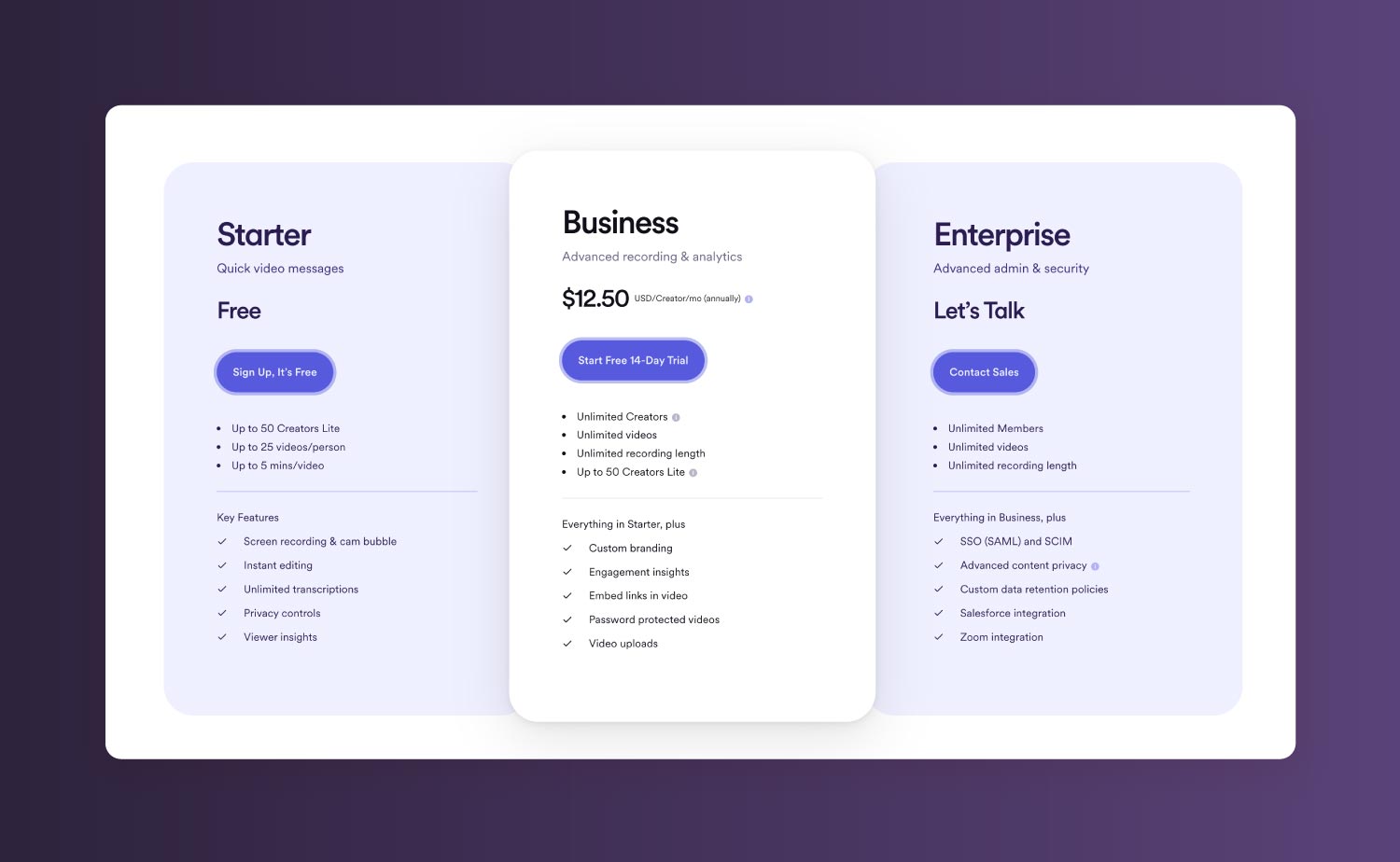 A screenshot of Loom’s pricing.
