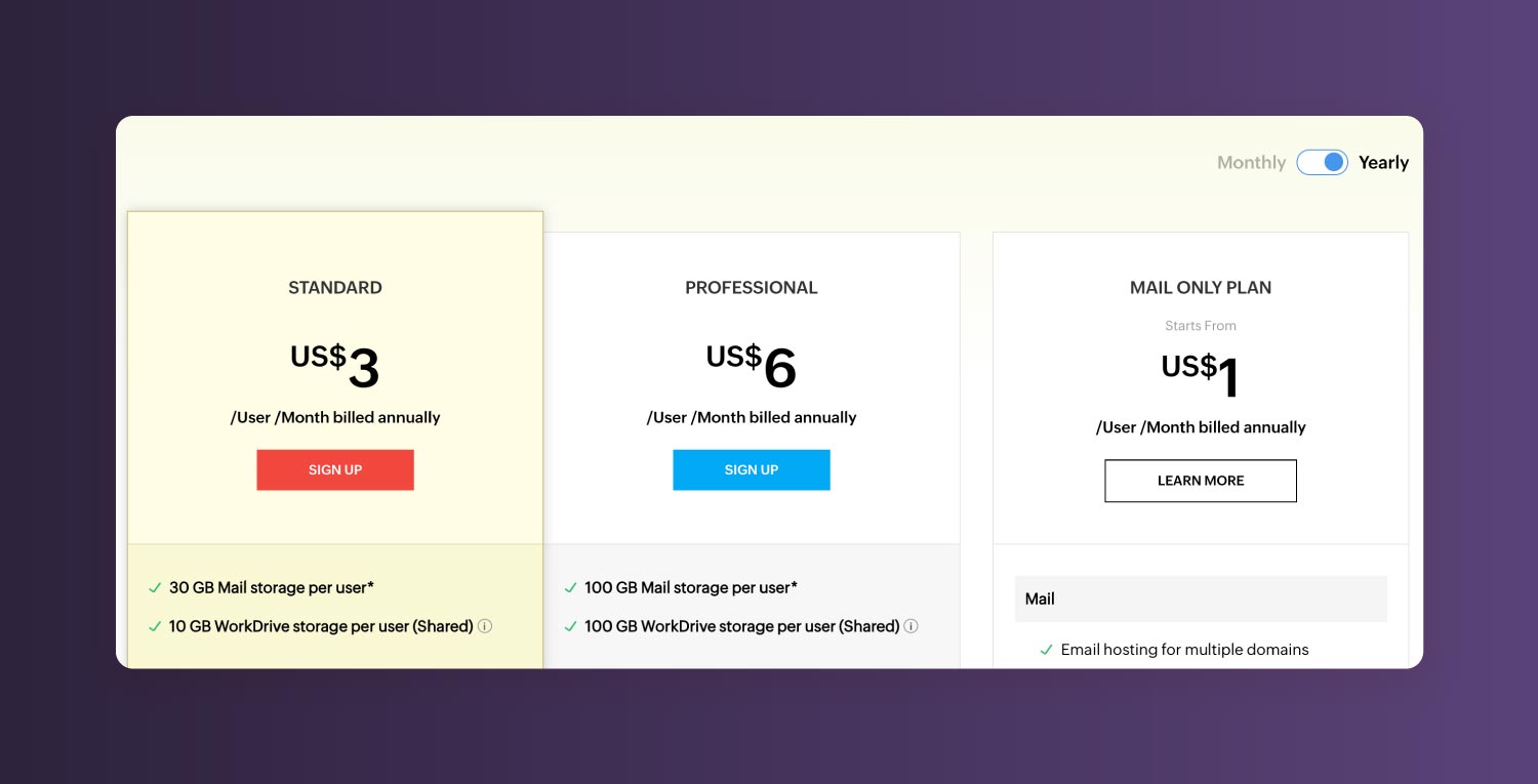 A screenshot of Zoho’s Workplace Suite pricing.