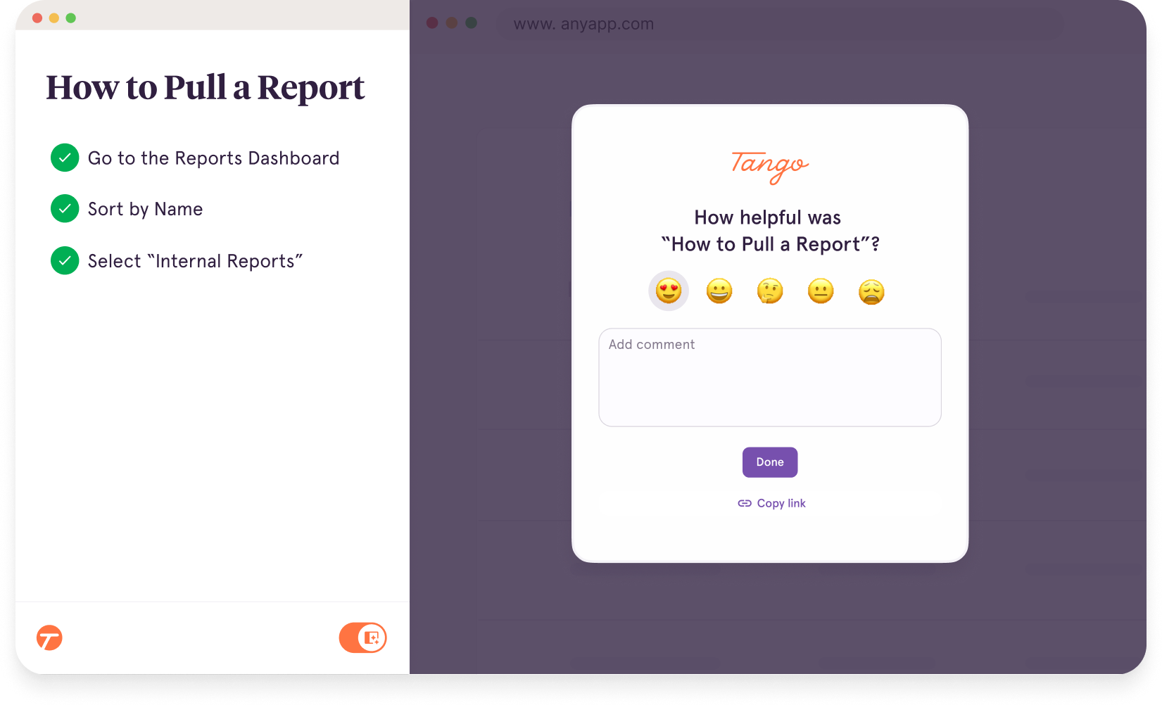 A screenshot of Tango's Comments and Reactions feature in action.