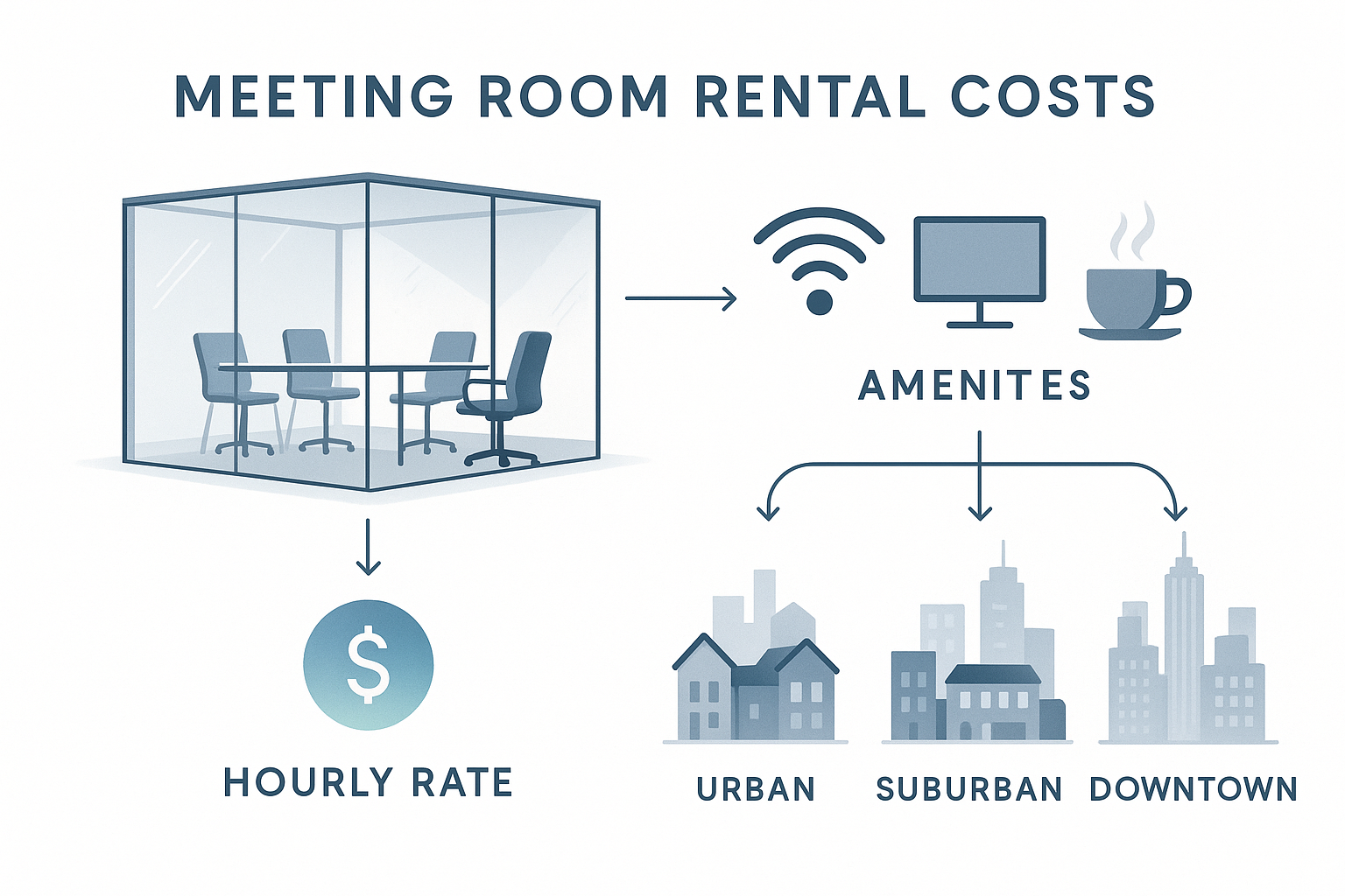 Infographic breaking down what drives meeting room rental costs in Omaha, including hourly rates, amenities like Wi-Fi and coffee, and location impact Infographic breaking down what drives meeting room rental costs in Omaha, including hourly rates, amenities like Wi-Fi and coffee, and location impact