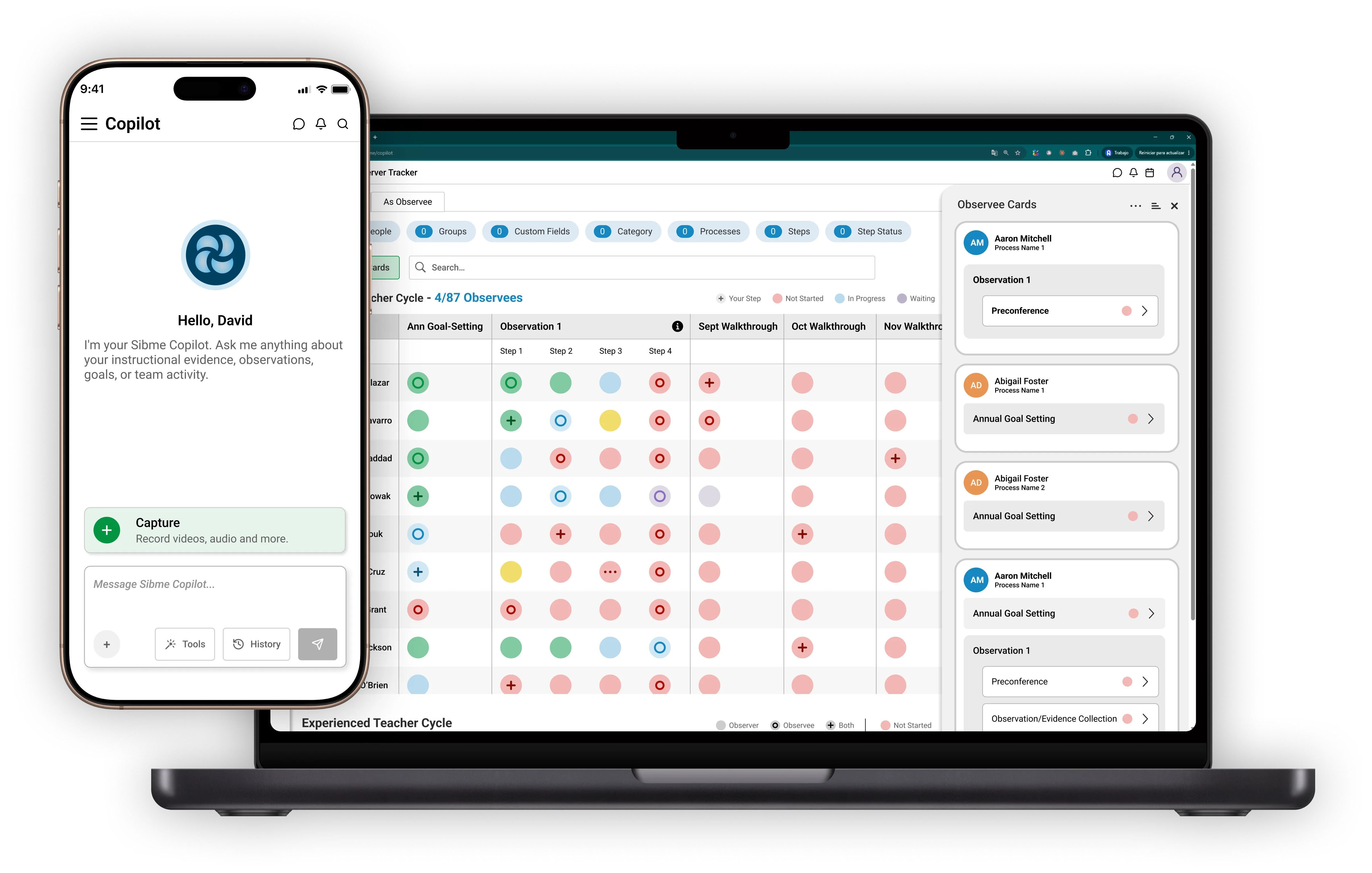 Sibme on laptop and mobile — the Observer Tracker with Observee Cards, and the Sibme Copilot app on a phone.