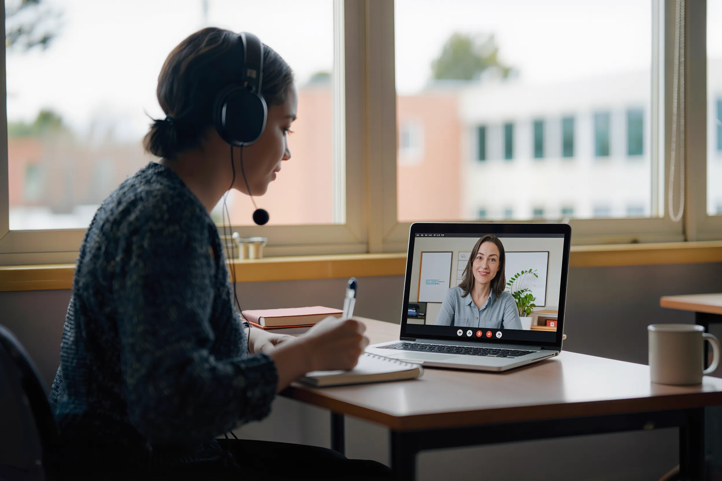 Educator in a headset taking notes during a virtual video coaching session on a laptop