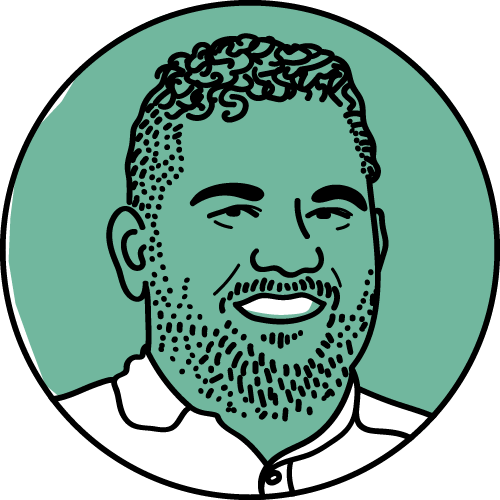 Abhay has short hair on the sides, styled wavy hair on top and a bright smile. Illustration.