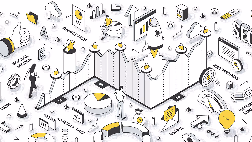 Isometric illustration of a course creator analyzing performance metrics and engaging in continuous improvement, emphasizing the importance of data-driven decision-making in online education