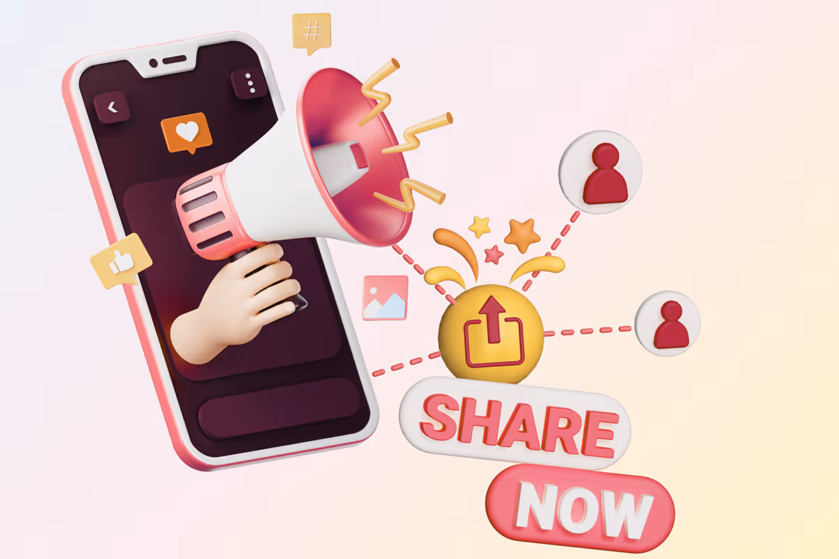 Funnel distribution and promotion illustration with a smartphone, megaphone, and social media share icons, representing multi-channel funnel traffic growth strategies.