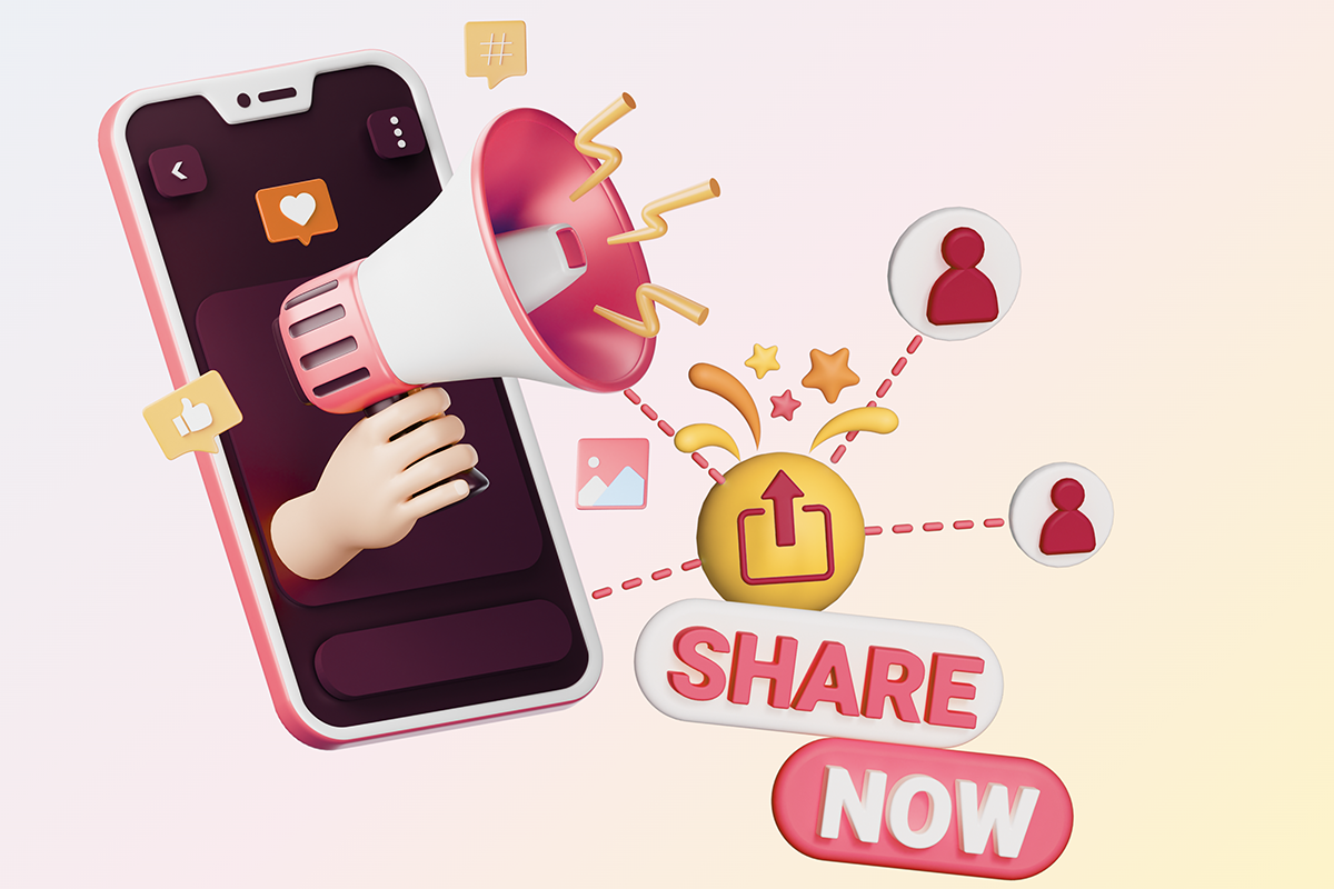 Funnel distribution and promotion illustration with a smartphone, megaphone, and social media share icons, representing multi-channel funnel traffic growth strategies.