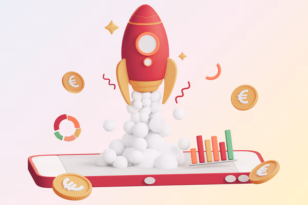 Mobile-first sales funnel illustration showing a rocket launching from a smartphone screen with coins and analytics charts, representing mobile-optimized funnel design for higher conversions.