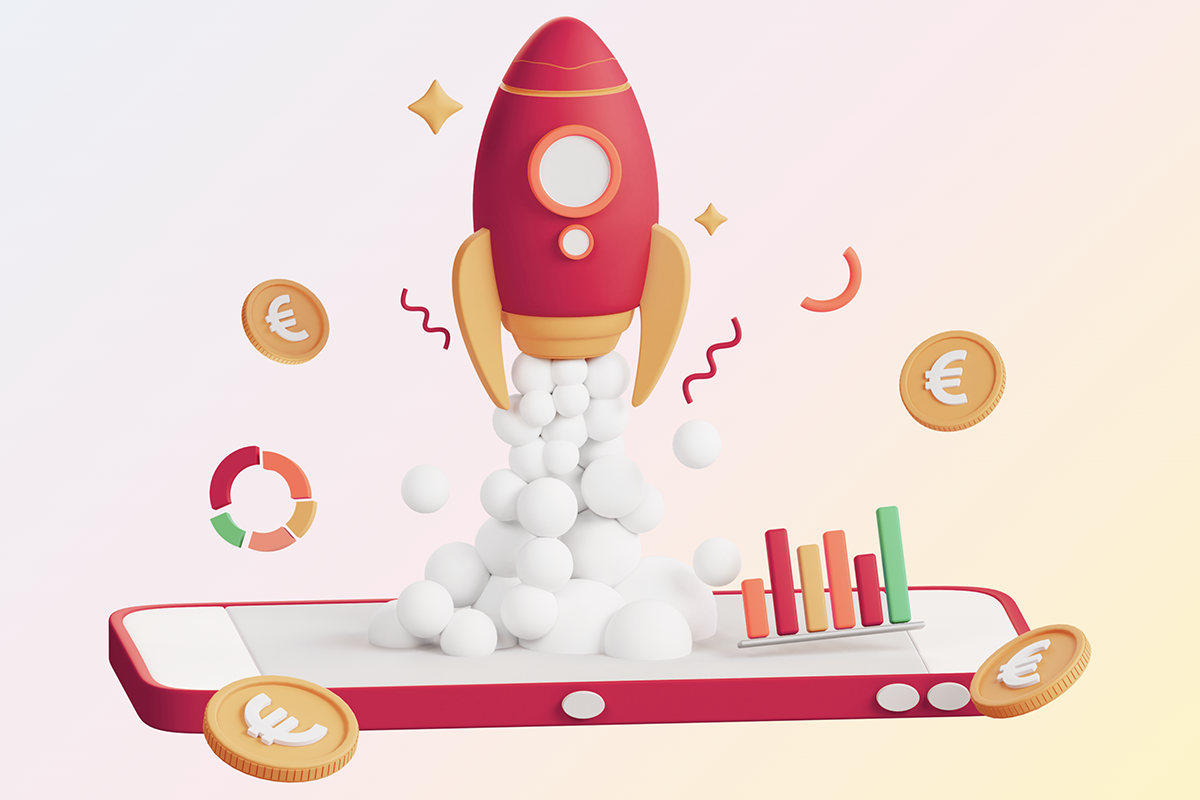 Mobile-first sales funnel illustration showing a rocket launching from a smartphone screen with coins and analytics charts, representing mobile-optimized funnel design for higher conversions.