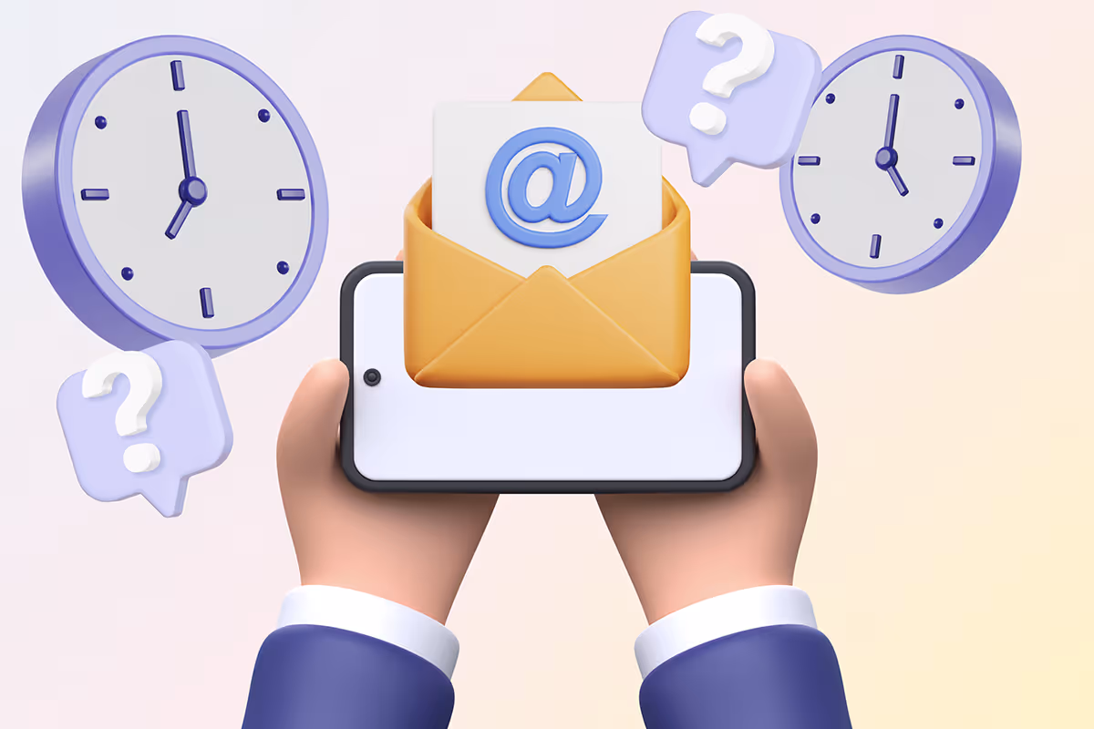 Email opt-in timing strategy illustration showing hands holding a smartphone with email icon, surrounded by clocks and question marks, representing higher email conversion rates through perfect send timing.