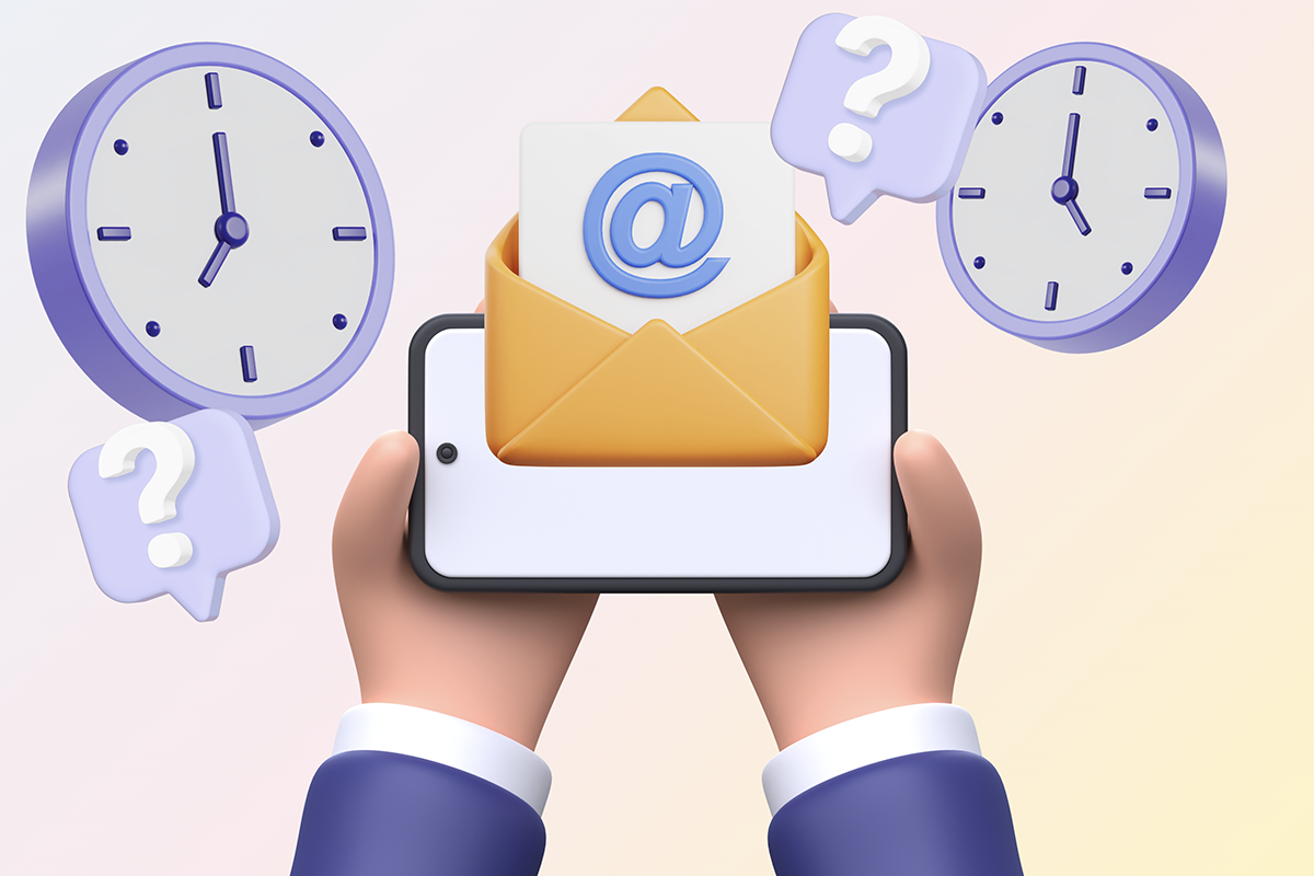Email opt-in timing strategy illustration showing hands holding a smartphone with email icon, surrounded by clocks and question marks, representing higher email conversion rates through perfect send timing.