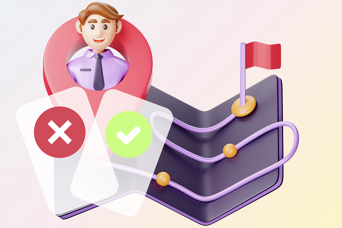 Best practice for sales funnel first cards, showing two mobile funnel entry screens side-by-side, one incorrect with red cross and one correct with green check, optimised for higher lead conversion.