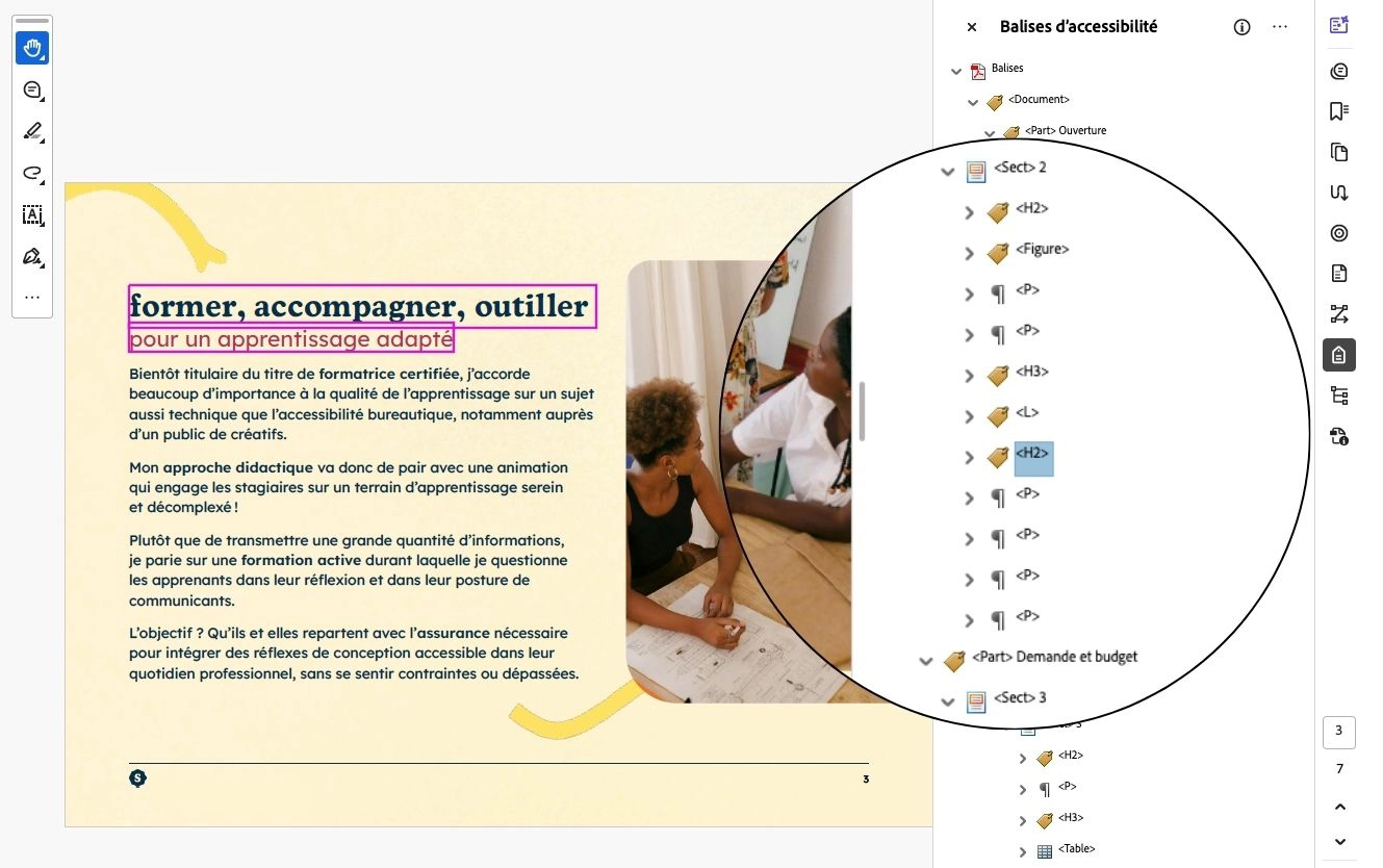 Le volet des balises d'accessibilité du logiciel Acrobat Pro (à droite) superposé à une page d'un PDF (à gauche). Le volet révèle les balises d'une partie de la page, à savoir des titres, des paragraphes et une image.