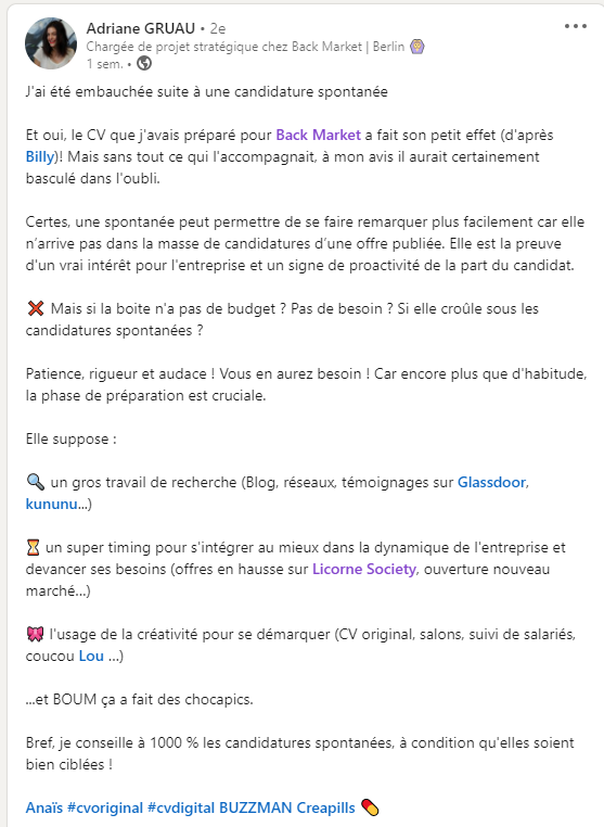 Publication LinkedIn décrivant une expérience d'embauche réussie par candidature spontanée