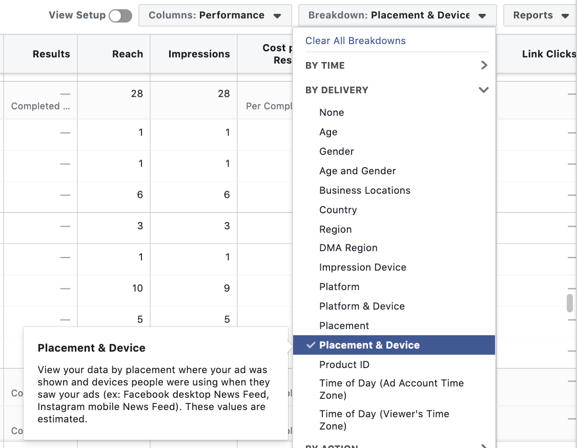 Facebook Ad reporting - Placement & Device