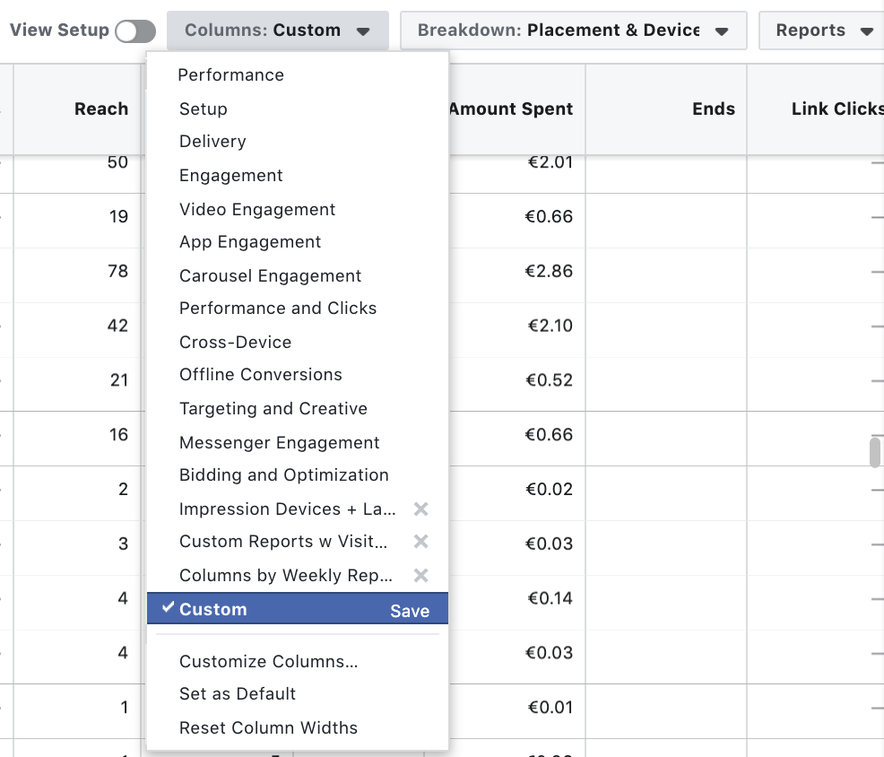 Facebook Ad reporting - Custom