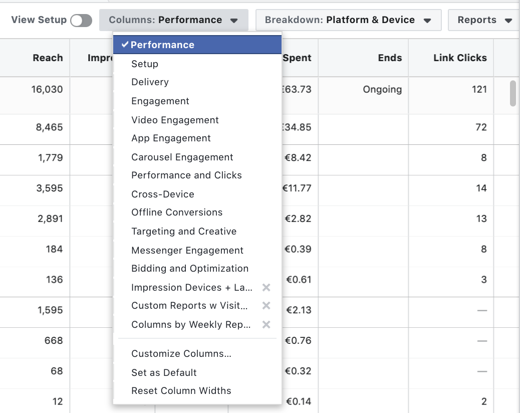 Facebook Ad reporting - Performance Columns