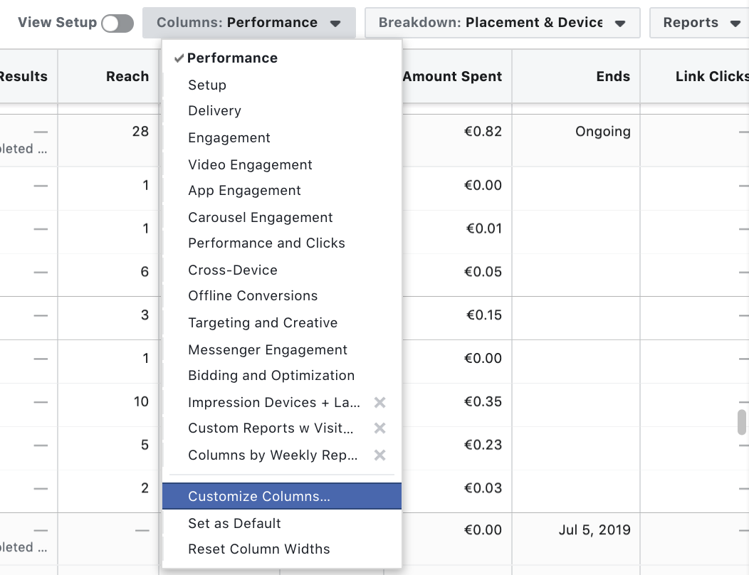 Facebook Ad reporting - Customize Columns