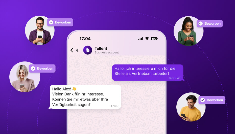 Vier Personen bewerben sich ueber WhatsApp Hiring auf eine Stelle per Chat